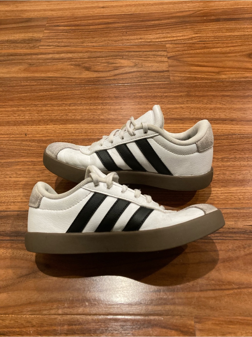 adidas Men's White Sneakers with Black Stripes and Tan Sole